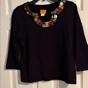 Ruby Rd. Black Blouse with Multicolor Beaded Neckline